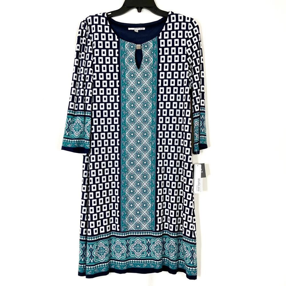 Studio One New York | Teal Navy Geometric Knee Length Dress NWT Womens Medium